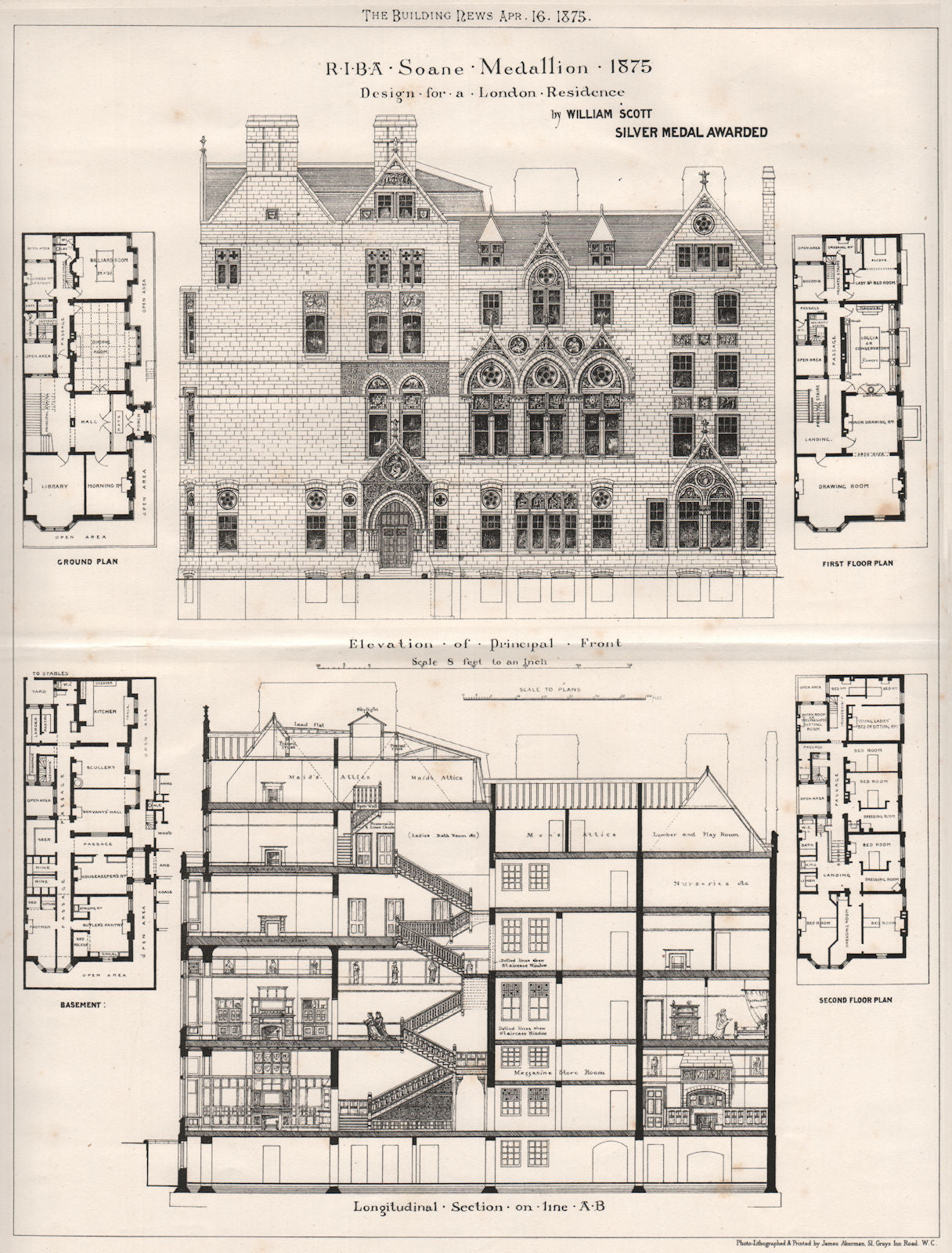 Design for a London Residence by William Scott, Silver Medal Awarded 1875